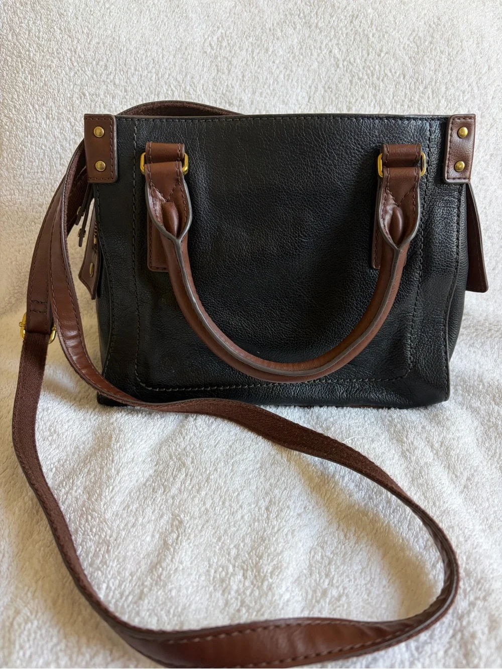 Fossil Black Leather Satchel with Brown Handles and Trim